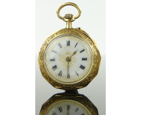 A 19th century Swiss 18ct gold and enamel fob watch,
with enamel and gilt dial, the rear cover having enamel design of doves 