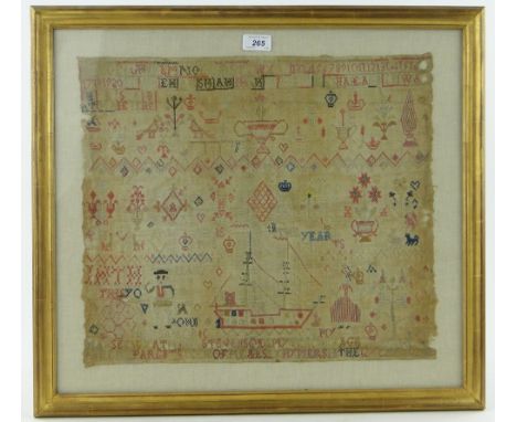 An 18th century cross stitch sampler 
by Mary Stevenson, dated 1785, sampler height 16", framed.