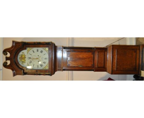 A 19th century mahogany 8-day long case clock,
having a 13" arched top enamel dial with 2 subsidiary dials, the dial marked J