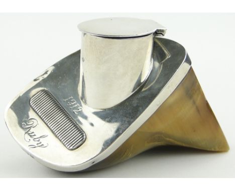 A silver mounted horse hoof desk top vesta stand,
inscribed "Ruby 1912", makers marks T & F P, hallmarks 1912.