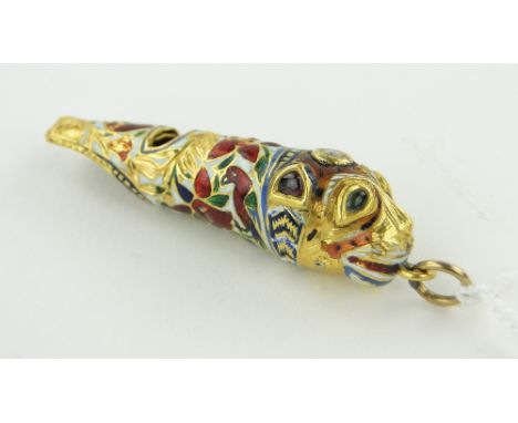 An unusual continental unmarked gold coloured enamel and gemstone set fob whistle
in the form of a lions head, length 40mm.