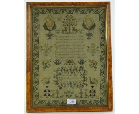 19th century cross stitch sampler 
by Mary Foster, aged 10 yrs, Tiverton July 1833, framed, height 17.75" overall.