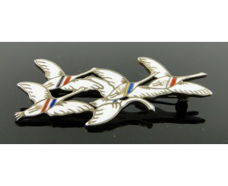 An Erik Magnussen silver and enamel wild geese brooch, 
length 60mm, original box.