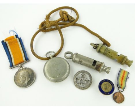 Military pocket compass by Short & Mason 1916,
1915 and 1917 J Hudson & Co., whistles, a war medal and badges.