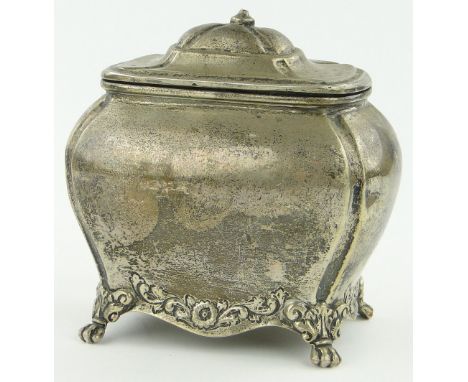 An Edwardian silver tea caddy,
on lion paw feet, Chester 1908, knop a/f.