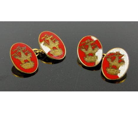 Pair of 9ct gold armorial design cufflinks,
with enamel ground, (a/f) 12 gm.