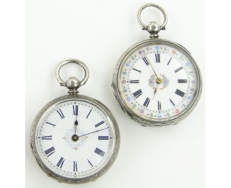 2 19th century Swiss silver keywind fob watches,
with ornate enamel dials, (2).
