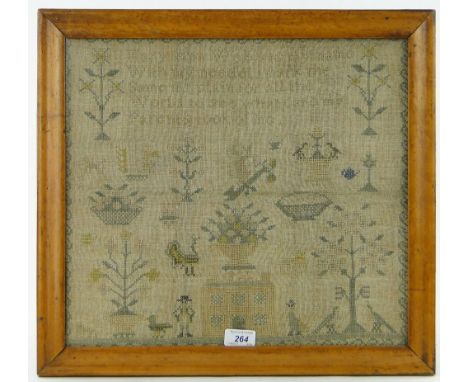 A 19th century maple framed cross stitch sampler, 
height 17.5" overall.