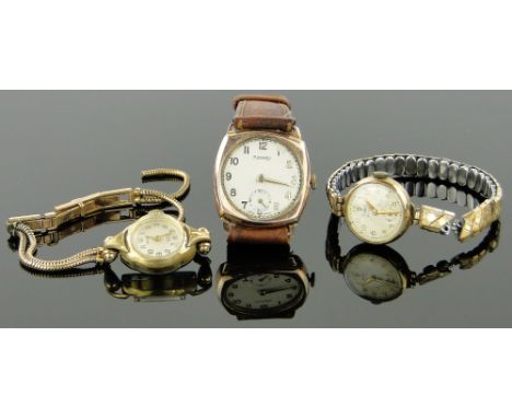 A gent's Vintage Rotary gold cased wristwatch,
a lady's Tudor Royal gold cased wristwatch with plated strap and another gold 