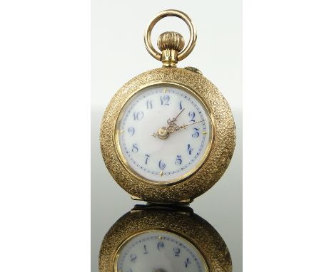 A miniature 19th century Swiss 14ct gold cased fob watch,
with enamel dial, the rear cover having horseshoe and riding crop e