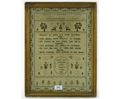 19th century giltwood framed sampler 
by Mary Ann Baldwin, aged 12 yrs, 1826, height 18" overall.