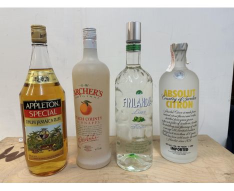 One bottle Finlandia Lime Fusion Vodka 80% - 1 litre, one bottle Absolut Citron Vodka 80% proof - 1 litre, one bottle Arches 