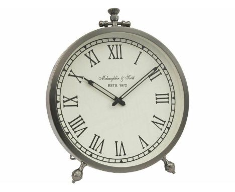 { Option of lots:  743, 744 } Satin Grey Large Round Table Clock Mclaughlin and Scott Estd 1972 Large Scale Satin Grey Round 