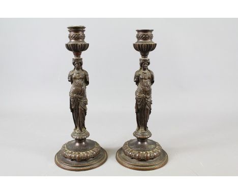Ferdinand Barbedienne (1810-1892) 19th Century Bronze Figural Candlesticks. The candlesticks depicting classical figures, app