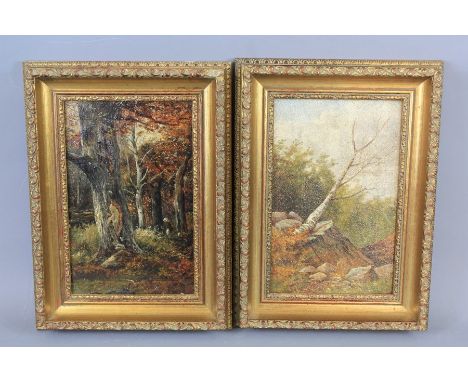 After James T. Callowhill (1838-1917) Oils on Canvas. The first painting depicting a 'Woodland scene' and the companion work 