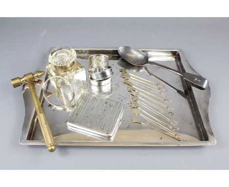 Small Quantity of Silver and Silver Plate. This lot includes a Georgian tablespoon London hallmark, a cigarette case, napkin 