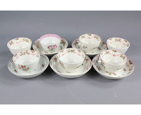 18th Century English Tea Bowls and Saucers. This lot includes six Newhall tea bowls and five saucers painted with the knittin