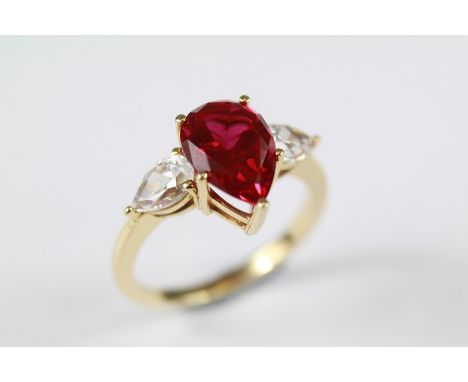 A 14ct Yellow Gold Synthetic Ruby and CZ Ring, approx 3 gms, size L.