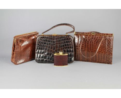 Three Good Quality Lady's Vintage Handbags together with a faux crocodile-skin hip flask. (4)