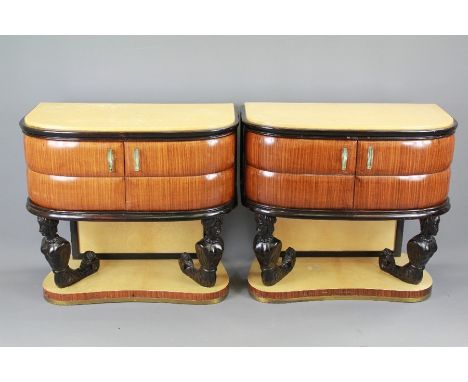 Two Walnut Art Deco Bedside Tables. The tables having double doors, lower shelf with two classical feminine figures as suppor