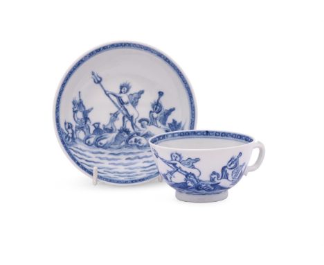 A rare Chinese blue and white cup and saucer with a scene from Roman mythology, Qianlong, circa 1750, depicting Neptune holdi