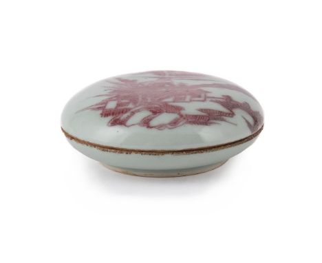 A Chinese underglaze red and pale-celadon seal paste box and cover, late Qing Dynasty, with kangxi six-character mark to base