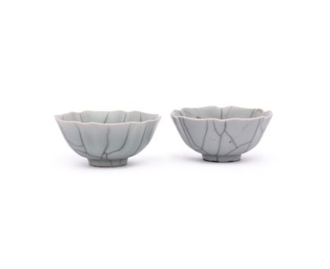 Two Chinese Ge-type foliate bowls, Daoguang-six character mark in underglaze blue and of the Period, the bowls are delicately