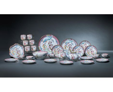 A rare Chinese Famille Rose Canton enamel tea service, 18th century, each piece finely painted with gilt and coloured enamels