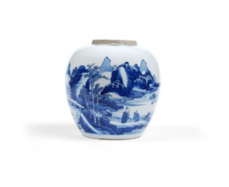 A large Chinese blue and white ginger jar, Kangxi, painted to the body with six scholars on river banks amongst pine, blossom