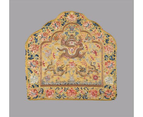 A Chinese originally tailored Imperial yellow satin silk throne cushion, Daoguang or Xianfeng, embroidered with a front facin