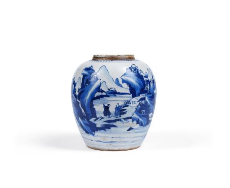 A large Chinese blue and white ginger jar, Kangxi, painted with two scholars on a river bank in a continuous mountainous land
