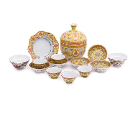 Five Chinese yellow-ground 'Birthday' tea bowls and saucers, Guangxu six character mark and of the period (1875-1908), painte