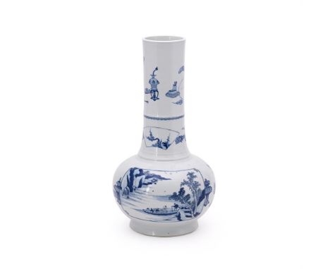A Chinese blue and white vase, Kangxi, painted with panels of landscapes and precious objects including vases and a Qin instr