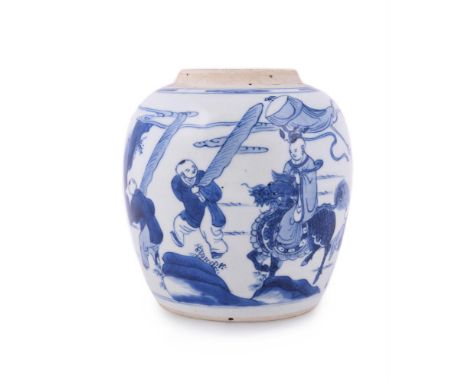 A Chinese blue and white 'Boys' ginger jar, Kangxi, painted to the exterior with one boy riding on a qilin mythical beast wit