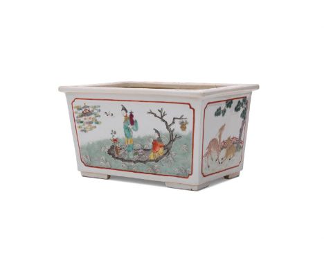 A Chinese famille rose rectangular planter, 19th century, Qing Dynasty, painted to the exterior in cartouches with the immort