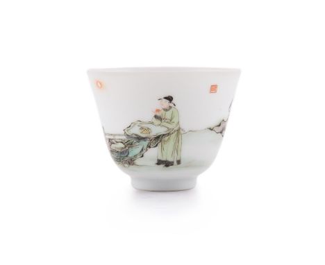 A Chinese famille verte wine cup, in Kangxi style, the delicately potted flared sides are well painted with a standing schola