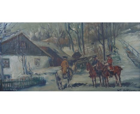    Velturn, K.   Maler des 19. Jh.. "Postreiter", vor einem Gehöft in verschneiter Landschaft, unten rechts sign., Öl/Holz, H