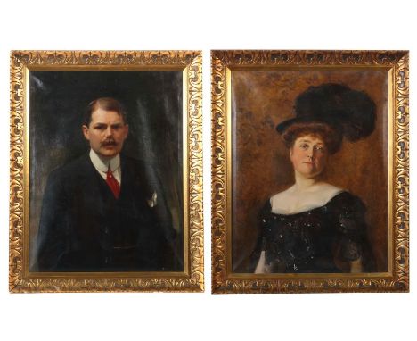    Maler des 19./20. Jh.   Paar Portraits, wohl Kaufleute aus Augsburg, 1x "Portrait einer Dame" im schwarzem Kleid und Feder