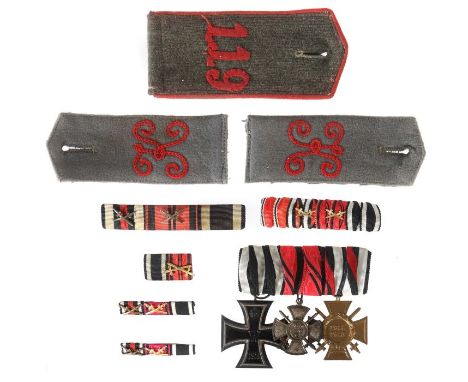    Konvolut Militaria   1. Wk, 1 x 3-er Ordenspange mit EK 2. Kl. 1914, Ehrenkreuz des 1. WK's, württem. Verdienstkreuz in Si