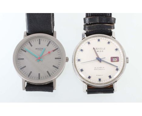    2 Herrenarmbanduhren   1970/80er Jahre, verschiedene Hersteller: 1x Kienzle, perlmuttfarbenes Ziffernblatt mit Indices, Da
