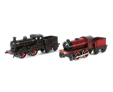   2 Dampfloks   Märklin, Spur 0, Uhrwerkantriebe, 1 x 970, weinrot/schwarz, v+r, Bremse, L: 16 cm, 2-Achs-Tender 9690, weinr