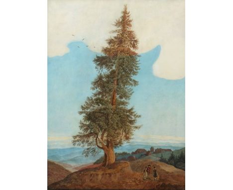    Maler des 19. Jh.   "Sommer in Schwarzwald", Landschaftsdarstellung mit den Bergen, typischen Häusern und einer großen Tan