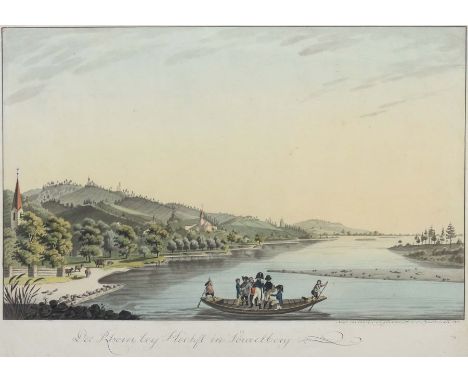    Bachmann, Ferdinand   Maler des 18./19. Jh.. "Der Rhein bei Höchst in Vorarlberg", Blick auf die Flusslandschaft mit Figur