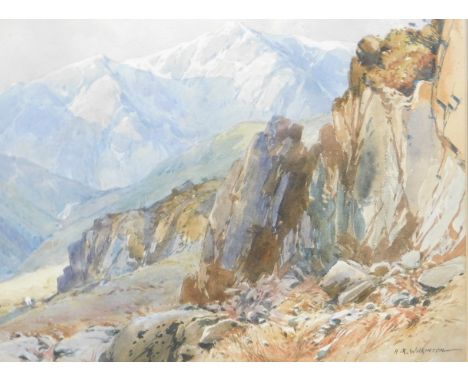 Henry Robinson Wilkinson (1884-1975). Grey Friars in the Snow, watercolour, signed, label verso. 27cm x 37cm.
