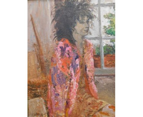 Cuthbert (20thC). Portrait of a lady, quarter profile, in a flowing robe before window, oil on board, signed, 50cm x 40cm.