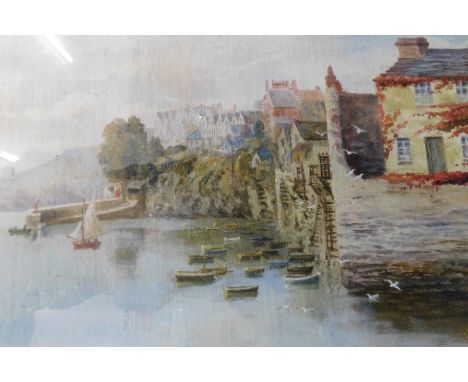 Lizzie Clarke-Hall (20thC). Calm seascape, cottages on a cliff face, oil on paper, signed, 18cm x 26cm. 