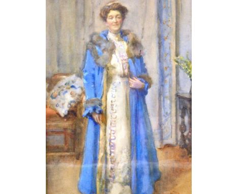 Rose Mead (1867-1946).  Portrait of a lady standing dressed in finery, watercolour, signed and dated 1912, 36cm x 26cm.