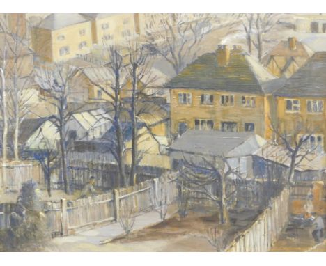R. Watterson (20thC). Figure in a fenced garden before trees and houses, oil on board, signed, 42cm x 58cm.
