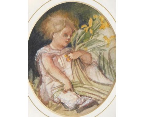 Louisa Marcioness of Waterford (1818-1891).  Portrait of a child holding flowers, watercolour, written verso Honourable Mrs S