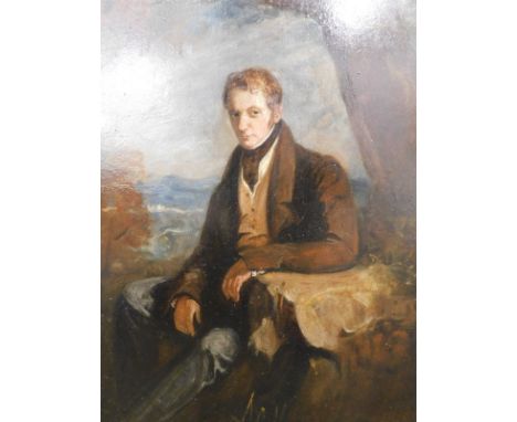 Manner of Reynolds.  Portrait probably James 6th Lord Ruthuen 1777-1853, in a landscape, oil on board, unsigned, attributed v